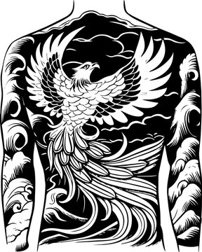 SVG tattoo design inspired by traditional Japanese Irezumi (Wabori) style. Intricate Phoenix tattoo design on back with swirling cloud patterns