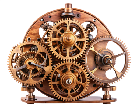 Ornate antique copper mechanical device with visible gears and intricate clockwork isolated on white background ,PNG. AI Generated