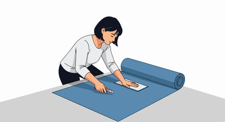 Woman cutting material for craft project on flat surface, using ruler and utility knife. Craft project requires precision, patience, and appropriate equipment to cut material.