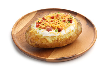 Tasty baked potato with sour cream, green onion, cheese and bacon isolated on white
