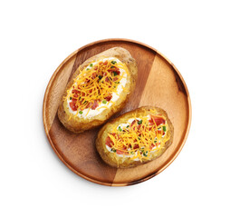 Tasty baked potatoes with sour cream, green onion, cheese and bacon isolated on white, top view