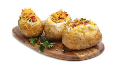 Tasty baked potatoes with sour cream, green onion, cheese, bacon, parsley and peppercorns isolated on white