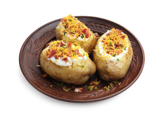 Tasty baked potatoes with sour cream, green onion, cheese and bacon isolated on white