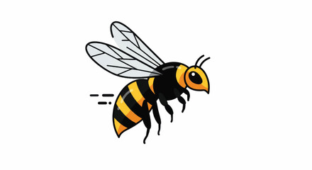 A stylized illustration of a bee in flight with black and yellow stripes and transparent wings.
