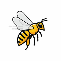 A cute cartoon bee flying with its wings spread wide and body detailed with yellow and black stripes.