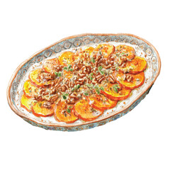 Pumpkin Salad with Walnuts Watercolor Illustration.