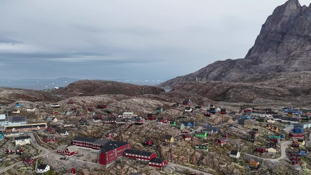 Bird's-eye view. Greenland, Uummannaq town on Uummannaq island, in sunny day