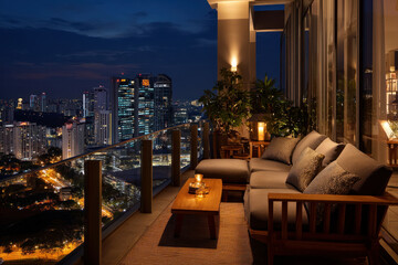 Obraz premium A nighttime scene of a luxury condo penthouse Elegant interiors glow warmly above the city The mood feels private and luxurious