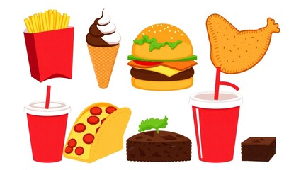 Collection of popular fast food items including burger fries ice cream and drinks