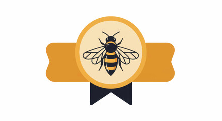Honey bee logo design on a circular emblem with ribbon banner.