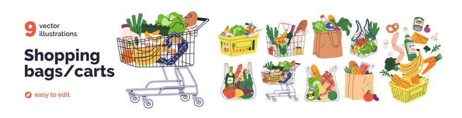 Fototapeta na wymiar Shopping carts, paper bags, plastic and metal baskets from grocery store. Trolleys full of food products, purchases, vegetables, bread, fruits. Flat vector illustrations isolated on white background