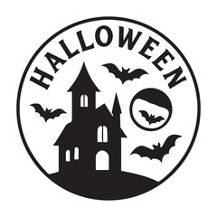 Spooky Halloween Haunted House Bats Moon Graphic Design Element Circular Emblem Vector Illustration