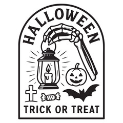 Spooky Halloween Illustration:  Skeleton Hand, Lantern, Pumpkin, Bat, Trick or Treat Design.