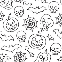 Hand-drawn Halloween seamless pattern: spooky skulls, pumpkins, bats, and spiderwebs; black line art on white; playful, festive mood.