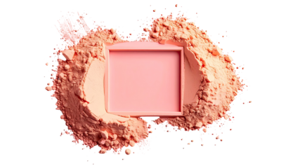 Pink cosmetic powder spills around a square container