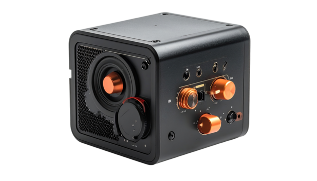 Cuboid audio device with copper accents