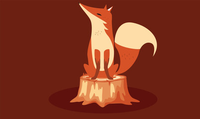Flat design illustration of a fox standing on a tree trunk, symbolizing nature, wildlife, and the beauty of forest animals in a minimal, peaceful setting.