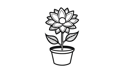 Hand drawn outline of a blooming lotus flower in a pot