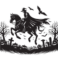Black Headless Horseman Silhouette Vector Illustration design, Solid White Background