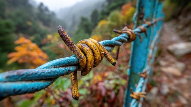 Close-up rusty barbed wire fence - Powered by Adobe