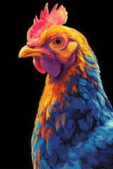 Fototapeta premium Vibrant close-up of a colorful rooster with striking feathers against a black background