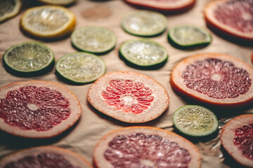 Sliced orange, tangerine and grapefruit slices on baking sheet, preparing citrus wedges for Christmas garland