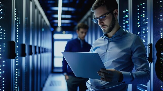 Tech Maintenance in Action: IT Staff in Server Room – A Professional IT Technician in a Data Center Server Room, Inspecting Rack-Mounted Servers, Troubleshooting Cables, or Monitoring Performance - Powered by Adobe