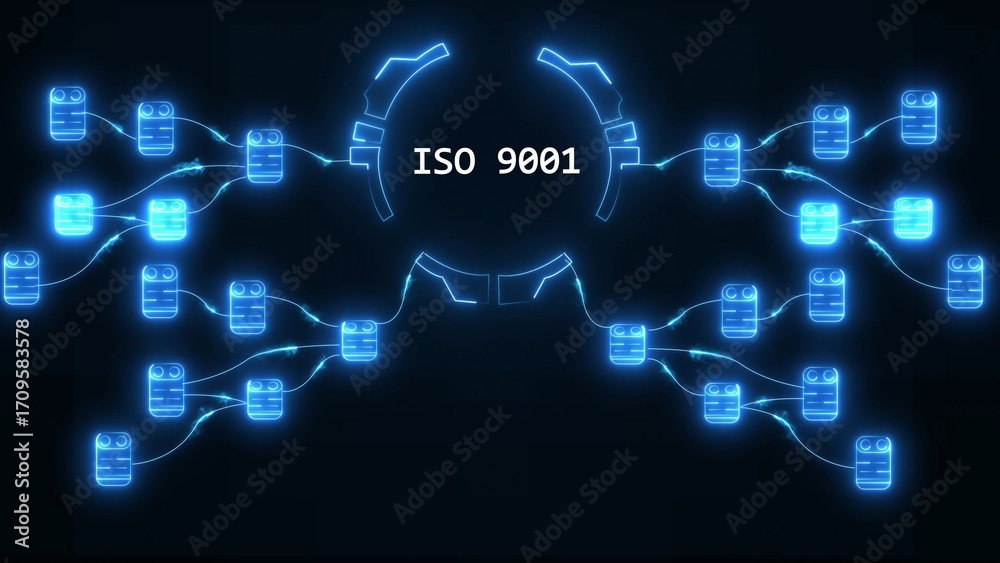 Wall mural digital network diagram with i s o 9001 certification in center and glowing blue nodes technology da