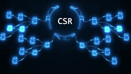 Abstract network of glowing blue nodes and lines with C S R text in center image