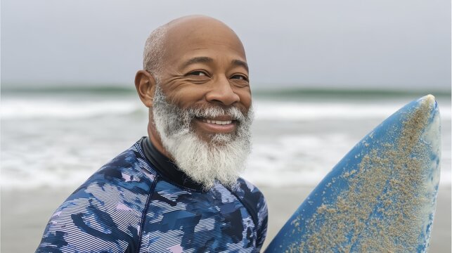 Smiling elderly surfer holding a sandy surfboard at the beach on a cloudy day