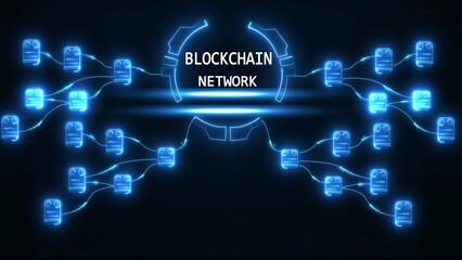 Glowing blue blockchain network nodes connected by light lines on dark background technology digital