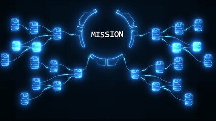Glowing blue digital network connections linking to a central circular mission hub technology data