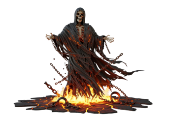 A skeletal figure in a dark cloak, engulfed in flames and chains, stands on a lava-like surface against a dark background.