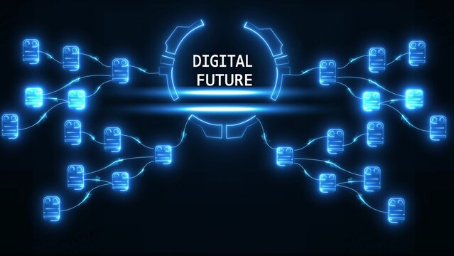 Glowing blue digital network nodes connected by lines with D I G I T A L F U T U R E text in center digital future