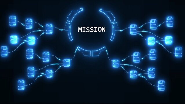 Glowing blue digital network connections linking to a central circular mission hub technology data