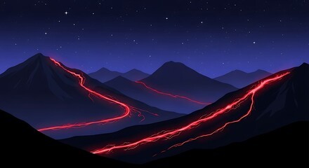 Nighttime Mountain Road with Red Lava Flow.