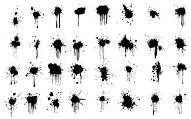 Black ink drops and paint splashes creates a captivating display of grunge textures, perfect for artistic projects and designs. Vector 