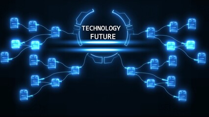 Glowing blue network nodes connected by lines with text technology future connection data