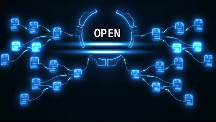 Glowing blue network nodes connected by lines with the word O P E N in a central arch technology connection