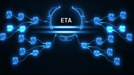 Obraz premium Glowing blue network nodes connected to central E T A hub with light streaks technology data