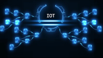 Glowing blue network of interconnected devices with central I O T text Internet of Things connection