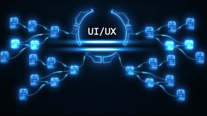 Fototapeta premium Glowing blue U I U X interface diagram with connected nodes on dark background UI UX user interface
