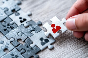 Hand placing a puzzle piece with a person icon, completing a larger puzzle of similar pieces