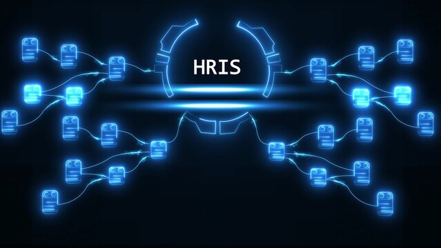 H R I S Human Resources Information System network diagram with glowing blue nodes and connections on dark background