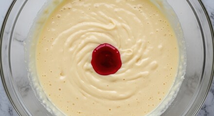 Closeup of a dollop of red jam being swirled into a creamy yellow batter in a glass bowl