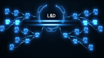 Neon blue L& D text in circular digital network with connected nodes learning and development technology
