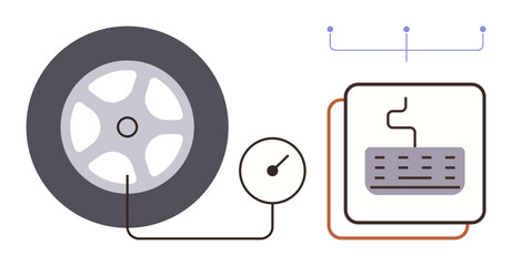 Car tire connected to a pressure gauge with a car battery and wiring. Ideal for automotive repair, vehicle diagnostics, safety checks, transportation, engineering, sustainability, simple flat