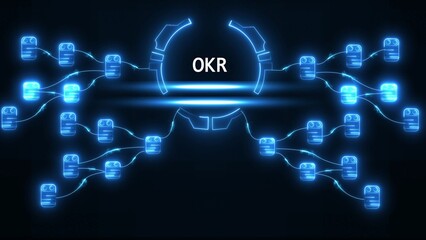 O K R text in glowing blue circular diagram with connected nodes objectives and key results business goals