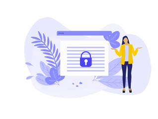 vector illustration of a woman with a laptop A person with a screen displaying a lock icon, on a light background with purple elements