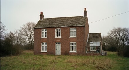 Old brick house in a field with trees and a cloudy sky